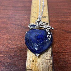 Genuine Lapis Lazuli Gemstone Heart Pendant on 18 in Stainless Steel Diamond Cut